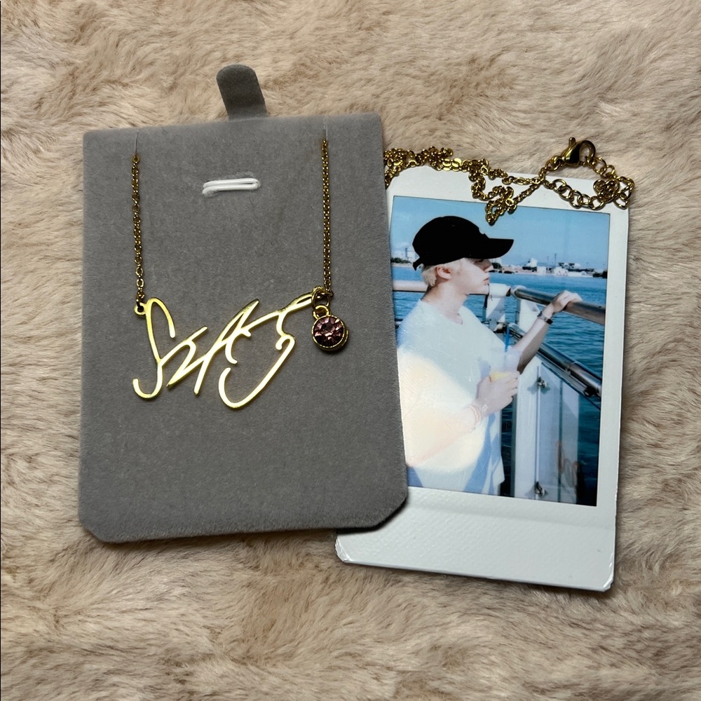 BTS JIN SIGNATURE STAINLESS STEEL NECKLACE WITH PINK CHARM KPOP ARMY GIFT